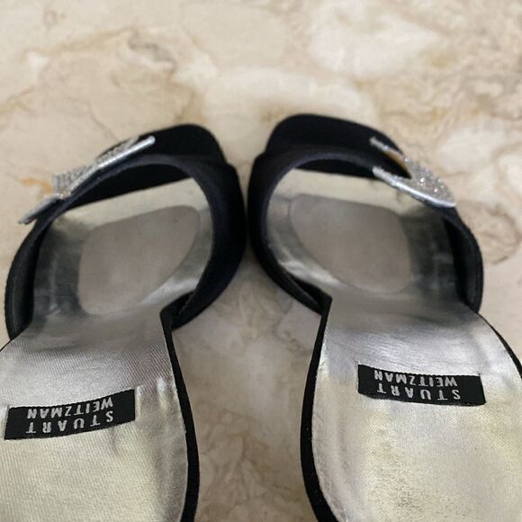 Stuart Weitzman Black Satin Heels Silver Rhinestone Moon & Star Mule Sandals - Picture 10 of 15
